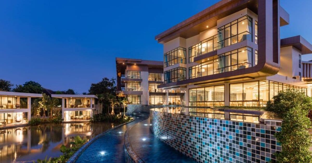 The resort is located on the edge of a lake.